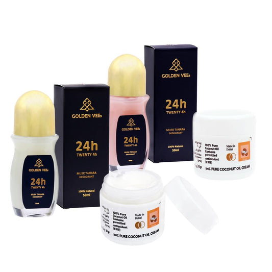 DUO : Natural 24Her&24Him Anti-perspirant Natural care Deodorant 24H with Musk Tahara + Natural Coconut Oil Cream (50 ml) by Golden VEEs x 2